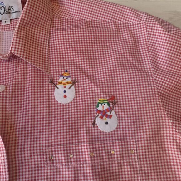 Las Olas Womens Size Medium Embroidered Blouse Red‎ White Checkers Long Sleeve - Picture 4 of 10